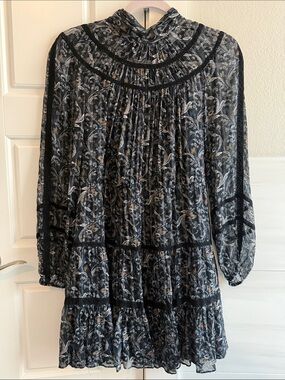 Veronica Beard Black Floral Long-Sleeve Tiered Smock Dress